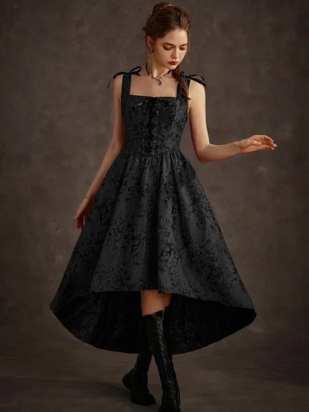 Victorian Gothic High-Lo Jacquard Thorn Rose Dress